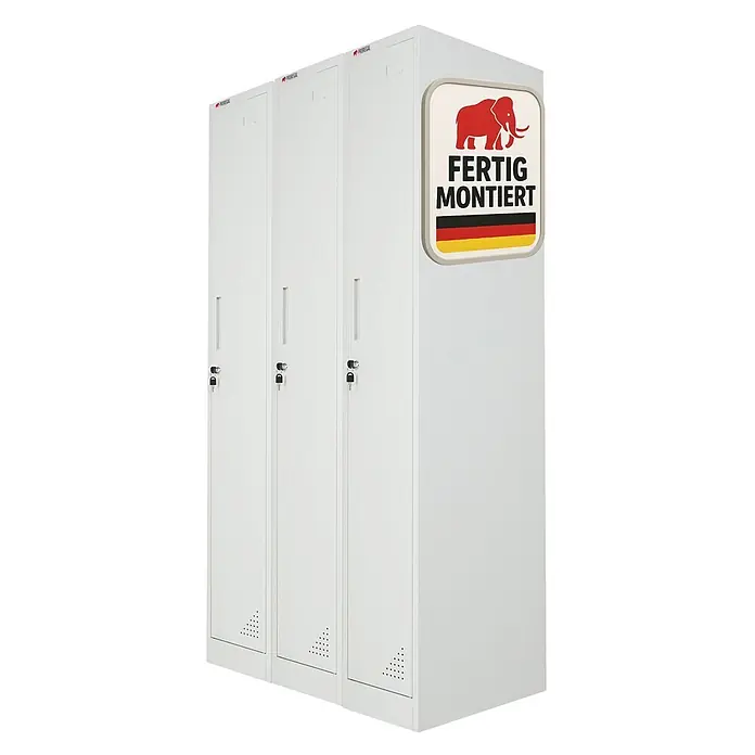 Proregal Spind Mega Deal 3x ELEPHANT 1 Abteil komplett montiert - H x B x T: 180 x 30 x 50 cm, Grau, Fertig montiert, Anzahl Fächer: 1 Stk. - Drei weiße Metallspinde mit Schloss und Lüftungsöffnungen. Mit "FERTIG MONTIERT"-Aufkleber (vormontiert).