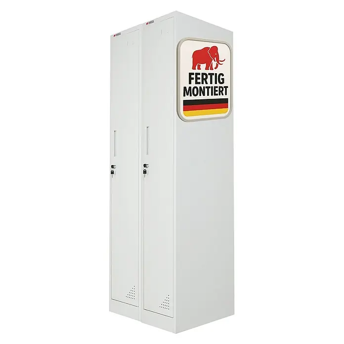 Proregal Spind Mega Deal 2x ELEPHANT 1 Abteil komplett montiert - H x B x T: 180 x 30 x 50 cm, Grau, Fertig montiert, Anzahl Fächer: 1 Stk. - Zwei weiße Metallspinde mit abschließbaren Fächern, Griffen, Lüftung und einer Seitenblende mit Elefantenlogo, "FERTIG MONTIERT" Text und deutscher Flagge.