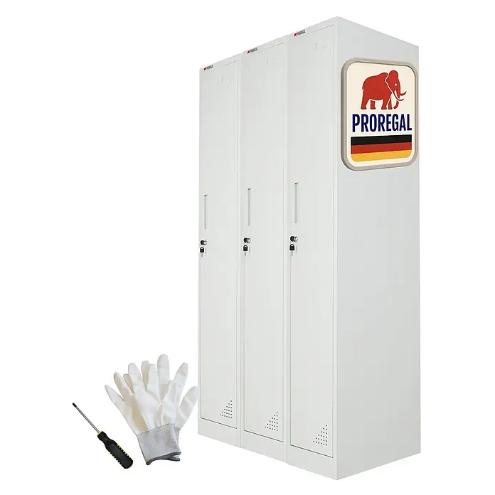 Proregal Spind Mega Deal 3x ELEPHANT 1 Abteil - H x B x T: 180 x 30 x 50 cm, Grau, Zerlegt, Anzahl Fächer: 1 Stk. - Drei weiße Metallschränke mit Schraubendreher und Schutzhandschuhen. PROREGAL-Logo.