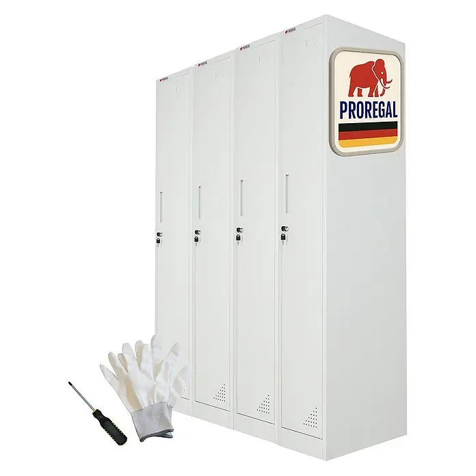 Proregal Spind Mega Deal 4x ELEPHANT 1 Abteil - H x B x T: 180 x 30 x 50 cm, Grau, Zerlegt, Anzahl Fächer: 1 Stk. - Vier weiße Metallspinde mit Schlössern und Griffen, mit PREREGAL-Logo. Ein Paar Handschuhe und ein Schraubendreher sind enthalten.