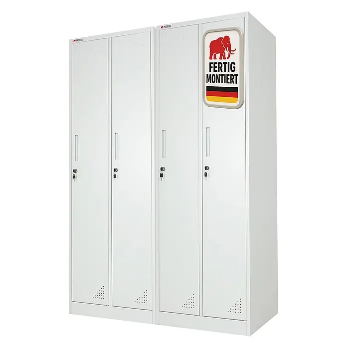 Proregal Spind Mega Deal 2x ELEPHANT 2 Abteil komplett montiert - Grau, Fertig montiert, Anzahl Fächer: 2 Stk. - Zwei weiße Metall-Spindschränke mit jeweils zwei abschließbaren Türen, Griffen und Belüftung. Der rechte Schrank zeigt einen "FERTIG MONTIERT"-Aufkleber.