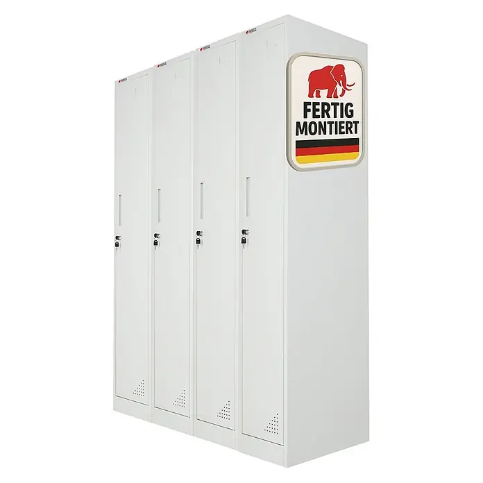 Proregal Spind Mega Deal 4x ELEPHANT 1 Abteil komplett montiert - H x B x T: 180 x 30 x 50 cm, Grau, Fertig montiert, Anzahl Fächer: 1 Stk. - Vier weiße Metall-Schließfächer, fertig montiert (mit Elefantenlogo & dt. Flagge), mit Schlüsseln und Lüftungslöchern.