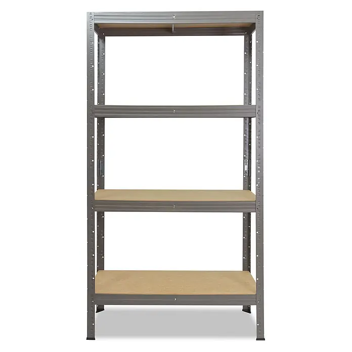 shelfplaza Schwerlastregal PRO - H x B x T: 180 x 110 x 30 cm, Traglast pro Boden: 200 kg, Stecken, grau - Graues Metallregal mit vier hellbraunen Holzablagen.