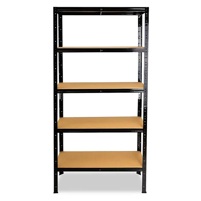 shelfplaza Schwerlastregal BLACK - H x B x T: 200 x 45 x 40 cm, Traglast pro Boden: 175 kg, Stecken, schwarz - Schwarzes Metallregal mit 5 hellbraunen Holzablagen.
