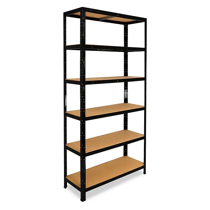shelfplaza Schwerlastregal BLACK - H x B x T: 200 x 120 x 30 cm, Traglast pro Boden: 175 kg, Stecken, schwarz - Schwarzes Metallregal mit fünf hellbraunen Holzablagen zur Aufbewahrung.