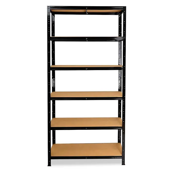 shelfplaza Schwerlastregal BLACK - H x B x T: 200 x 120 x 30 cm, Traglast pro Boden: 175 kg, Stecken, schwarz - Schwarzes Metallregal mit mehreren hellbraunen Holzablagen für vielseitige Aufbewahrung.