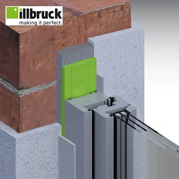 Illbruck Multifunktionsdichtungsband TP654 ML-Tech Pro - Fugenbreite: 6 mm - 15 mm, Fugentiefe: 58 mm, Länge: 6 m, Anthrazit, Passend für: Fenster- und Türenmontage - Querschnitt einer Fensterinstallation: grauer Rahmen, hellgrüne Dämmung und Isolierverglasung in Mauerwerk und Beton.