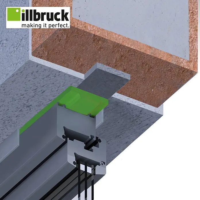 Illbruck Multifunktionsdichtungsband TP654 ML-Tech Pro - Fugenbreite: 6 mm - 15 mm, Fugentiefe: 58 mm, Länge: 6 m, Anthrazit, Passend für: Fenster- und Türenmontage - Querschnitt eines Bauteils mit illbrucks hellgrüner Dichtungslösung, integriert in Fensterrahmen und Betonschichten.