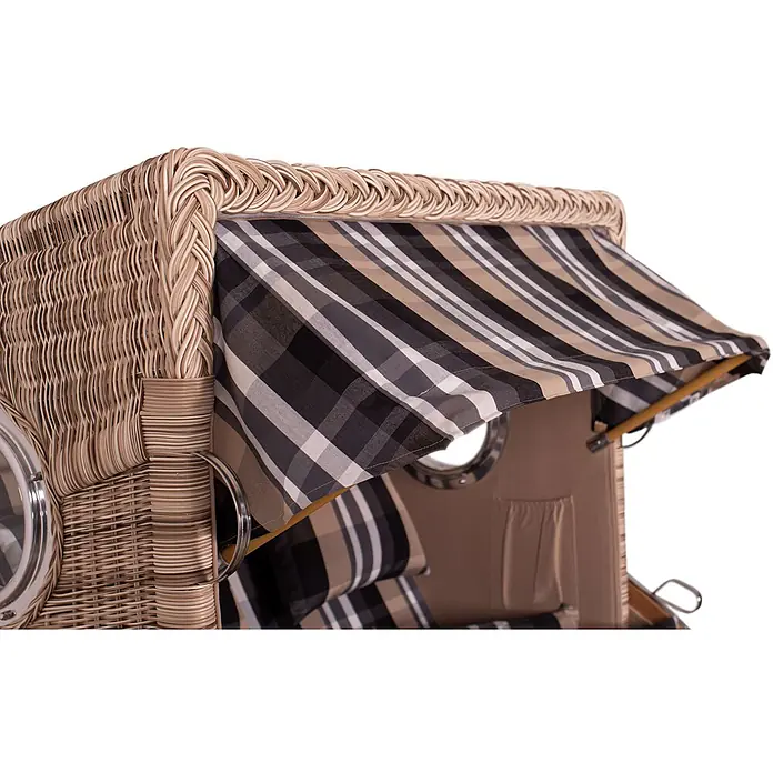 Mr. Deko Strandstuhl Strandkorb Düne Bullauge Teak PE Shell Dessin 583 - Teakholz. Polyrattan, Rückenlehne verstellbar, PE Shell, B x T x H: 125 x 80 x 170 cm - Geflochtener Strandkorb in Beige mit gestreiftem und kariertem Stoffverdeck und Polstern.