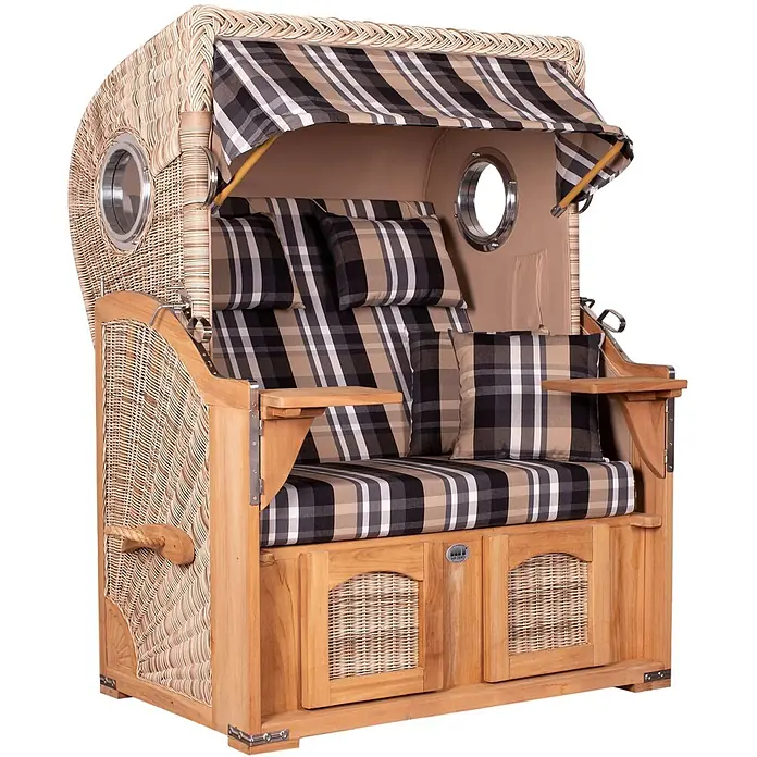 Mr. Deko Strandstuhl Strandkorb Düne Bullauge Teak PE Shell Dessin 583 - Teakholz. Polyrattan, Rückenlehne verstellbar, PE Shell, B x T x H: 125 x 80 x 170 cm - Strandkorb aus Korbgeflecht und Holz mit karierten Polstern und Markise, inklusive Beistelltischen und Bullaugenfenstern.