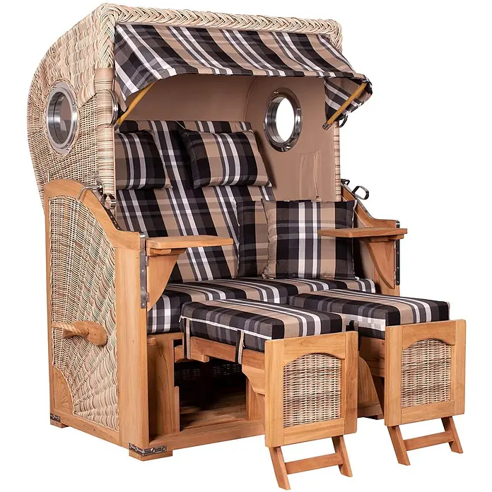 Mr. Deko Strandstuhl Strandkorb Düne Bullauge Teak PE Shell Dessin 583 - Teakholz. Polyrattan, Rückenlehne verstellbar, PE Shell, B x T x H: 125 x 80 x 170 cm - Strandkorb aus geflochtenem Rattan und Holz mit schwarz, beige und weiß karierten Kissen, verstellbarem Verdeck und ausziehbaren Fußstützen für zwei Personen.