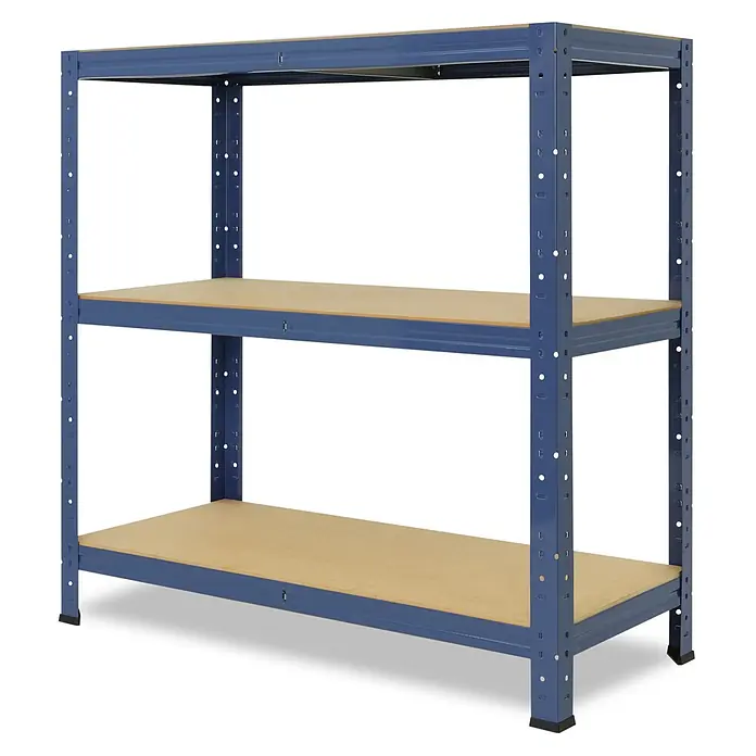 shelfplaza Schwerlastregal HOME - H x B x T: 90 x 50 x 30 cm, Traglast pro Boden: 175 kg, Anzahl Böden: 3 Stk., Stecken, blau - Dreistöckiges Schwerlastregal mit blauem Metallrahmen und hellen Holzablagen.