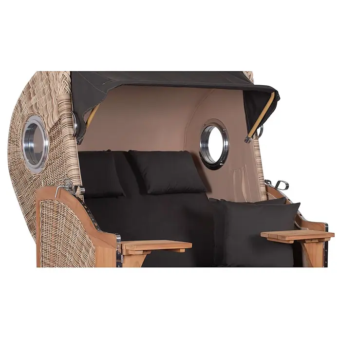 Mr. Deko Strandstuhl Strandkorb Düne - Teakholz. Polyrattan, Rückenlehne verstellbar, PE Shell, B x T x H: 125 x 80 x 170 cm - Geflochtener Strandkorb mit Holzrahmen, schwarzen Kissen, dunklem Verdeck und Bullaugen.
