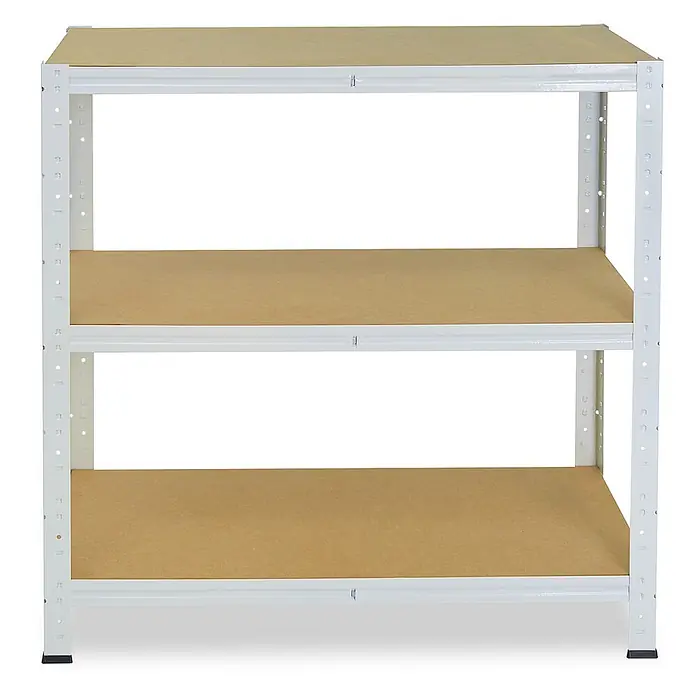 shelfplaza Schwerlastregal HOME - H x B x T: 100 x 120 x 30 cm, Traglast pro Boden: 175 kg, Stecken, weiß - Weißes Metallregal mit drei braunen Holzablagen zur Aufbewahrung.