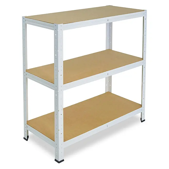 shelfplaza Schwerlastregal HOME - H x B x T: 100 x 120 x 30 cm, Traglast pro Boden: 175 kg, Stecken, weiß - Weißes Metallregal mit drei braunen Holzböden.