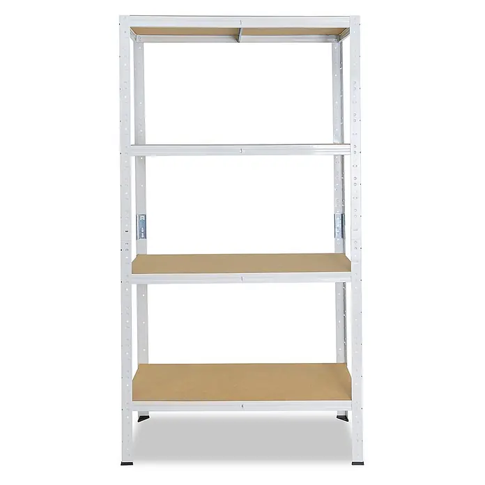 shelfplaza Schwerlastregal HOME - H x B x T: 180 x 60 x 50 cm, Traglast pro Boden: 175 kg, Stecken, weiß - Weißes Metallregal mit 4 hellbraunen MDF-Böden. Robuste und verstellbare Lagerlösung.