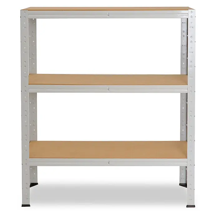 shelfplaza Schwerlastregal OFFICE - H x B x T: 100 x 110 x 60 cm, Traglast pro Boden: 175 kg, Stecken, lichtgrau - Hellgraues Metall-Lagerregal mit drei braunen Holzablagen.