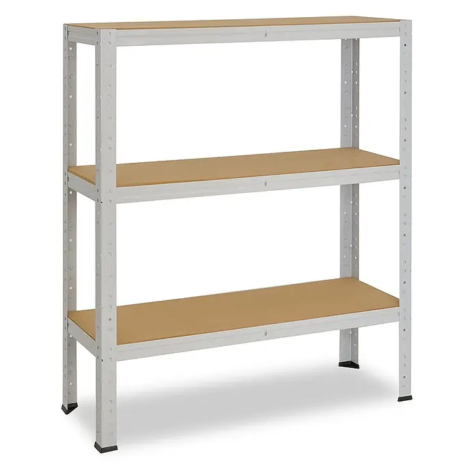 shelfplaza Schwerlastregal OFFICE - H x B x T: 100 x 110 x 60 cm, Traglast pro Boden: 175 kg, Stecken, lichtgrau - Robustes dreistöckiges hellgraues Metallregal mit hellbraunen Holzablagen.