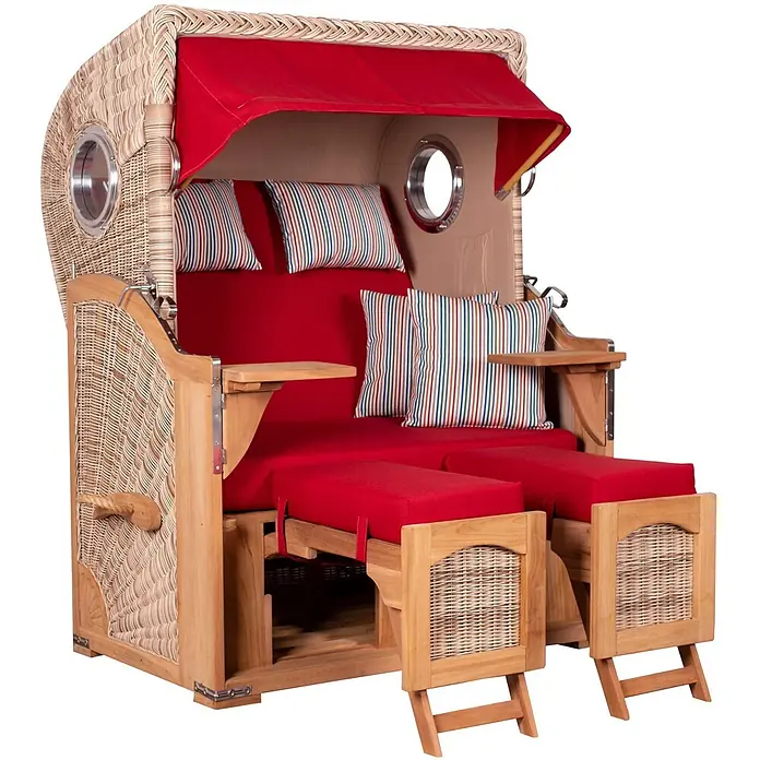 Mr. Deko Strandstuhl Strandkorb Düne Bullauge Teak PE Shell Dessin 585 - Teakholz. Polyrattan, Rückenlehne verstellbar, PE Shell, B x T x H: 125 x 80 x 170 cm - Strandkorb aus Korbgeflecht mit roten Polstern, gestreiften Kissen, verstellbarem Verdeck und ausziehbaren Fußstützen.
