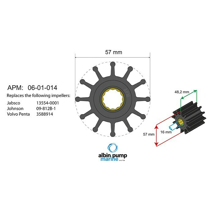 Albin Pump Impeller PN 06-01-014Ø x L: 57 x 48,2 mm, Wellendurchmesser: 16 mm Front View