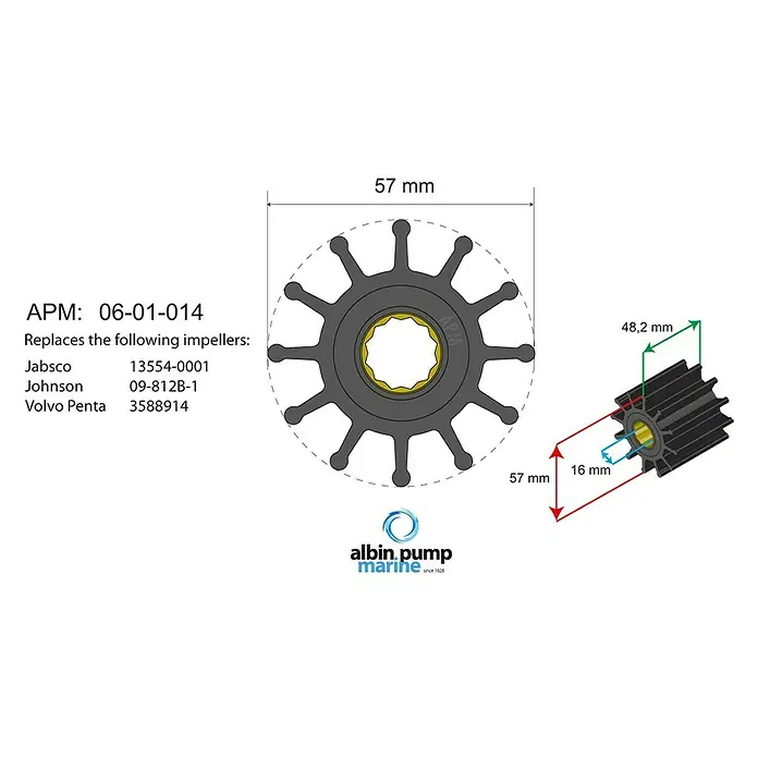 Albin Pump Impeller PN 06-01-014 - Ø x L: 57 x 48,2 mm, Wellendurchmesser: 16 mm - Abbildung eines APM 06-01-014 Impellers, der Jabsco 13554-0001, Johnson 09-812B-1 und Volvo Penta 3588914 ersetzt, mit Maßangaben.