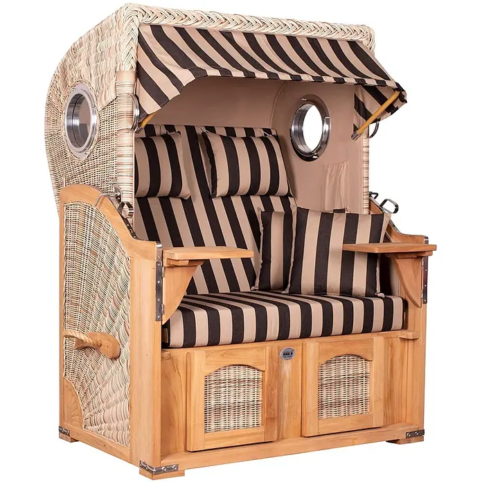 Mr. Deko Strandstuhl Strandkorb Düne - Teakholz. Polyrattan, Rückenlehne verstellbar, PE Shell, B x T x H: 125 x 80 x 170 cm - Strandkorb aus Korbgeflecht und Holz mit braun-beige gestreiften Polstern und Verdeck.