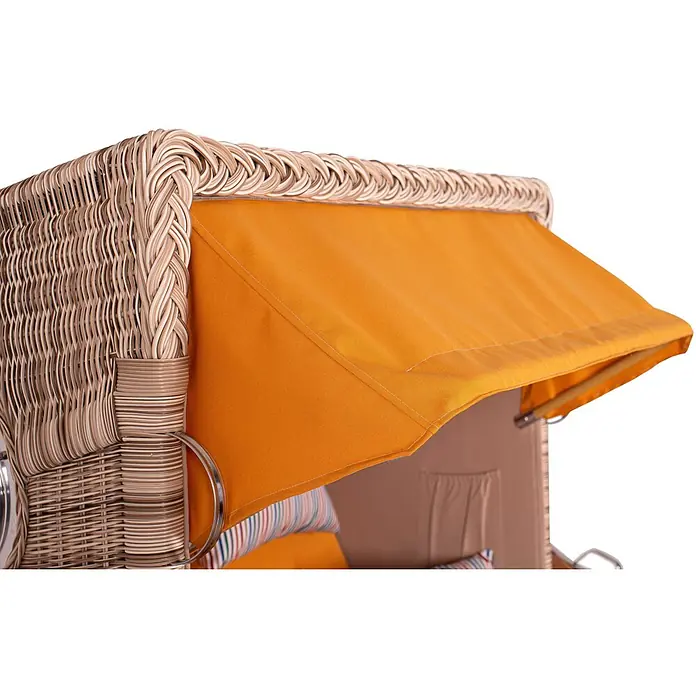 Mr. Deko Strandstuhl Strandkorb Düne Bullauge Teak PE Shell Dessin 586 - Teakholz. Polyrattan, Rückenlehne verstellbar, PE Shell, B x T x H: 125 x 80 x 170 cm - Nahaufnahme des hellbraunen Korbrahmens und des leuchtend orangefarbenen Stoffdachs eines Strandkorbs.