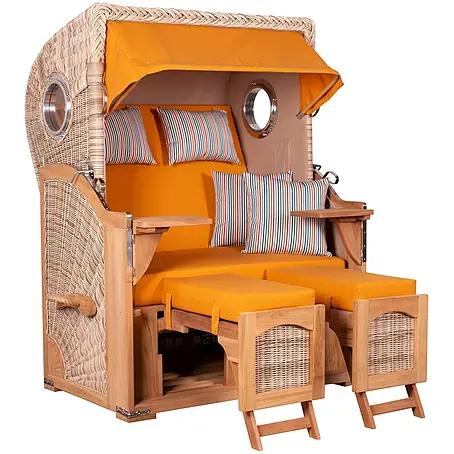 Mr. Deko  Strandstuhl Strandkorb Düne Bullauge Teak PE Shell Dessin 586