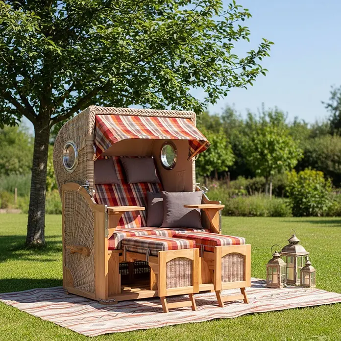 Mr. Deko Strandstuhl Strandkorb Düne Bullauge Teak PE Shell Dessin 584 - Teakholz. Polyrattan, Rückenlehne verstellbar, PE Shell, B x T x H: 125 x 80 x 170 cm - Doppel-Strandkorb aus Korbgeflecht und Holz mit rot-karierten Kissen und Verdeck, für entspannte Stunden im Freien.