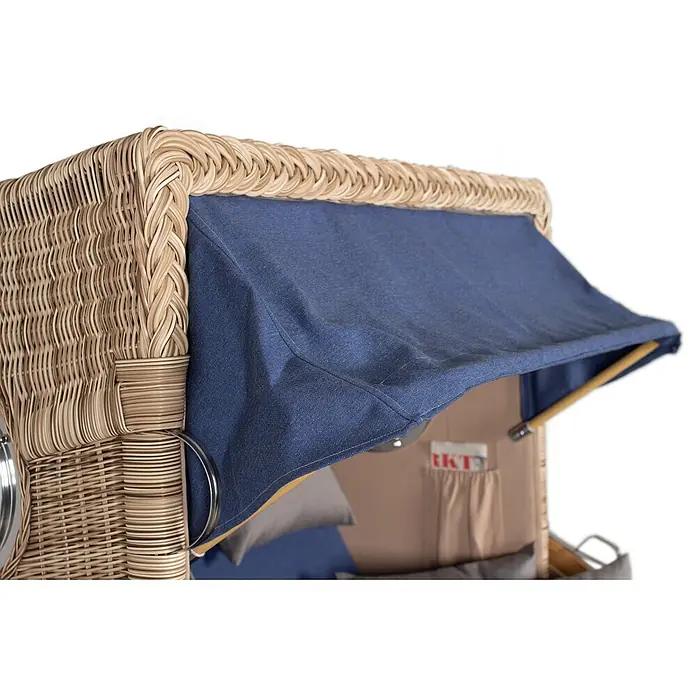 Mr. Deko Strandstuhl Strandkorb Düne - Teakholz. Polyrattan, Rückenlehne verstellbar, PE Shell, B x T x H: 125 x 80 x 170 cm - Strandkorb aus Korbgeflecht mit blauer Stoffhaube.