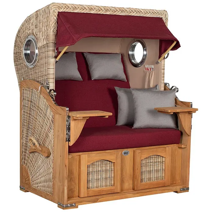 Mr. Deko Strandstuhl Strandkorb Düne Bullauge Teak PE Shell Dessin 594 - Teakholz. Polyrattan, Rückenlehne verstellbar, PE Shell, B x T x H: 125 x 80 x 170 cm - Weidengeflecht- und hellbrauner Strandkorb mit dunkelroten Polstern, grauen Kissen, verstellbarem Verdeck, Beistelltischen, Bullaugen und Stauraum.