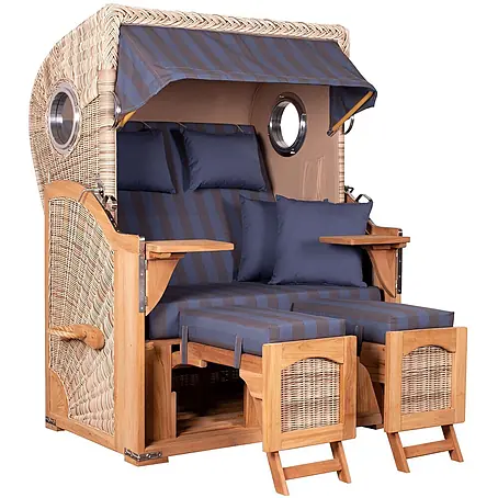 Mr. Deko  Strandstuhl Strandkorb Düne Bullauge Teak PE Shell Dessin 582