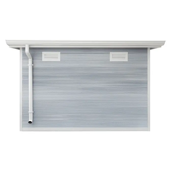 Fjordholz Gartenhaus Ligno White 8,4 m² - Außenmaß inkl. Dachüberstand (B x T): 290 x 290 cm, Aluminium, Grau / Weiß - Hellgraue horizontale Wandverkleidung eines Gartenhauses mit weißer Blende, Regenrinne, Fallrohr und zwei oberen Lüftungsschlitzen.