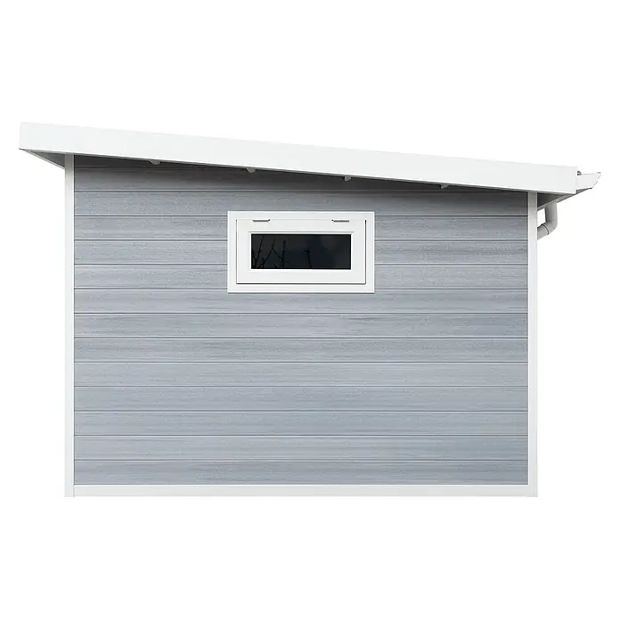 Fjordholz Gartenhaus Ligno White 8,4 m² - Außenmaß inkl. Dachüberstand (B x T): 290 x 290 cm, Aluminium, Grau / Weiß - Grauer Geräteschuppen mit horizontaler Verkleidung, weißem Pultdach und rechteckigem Fenster.
