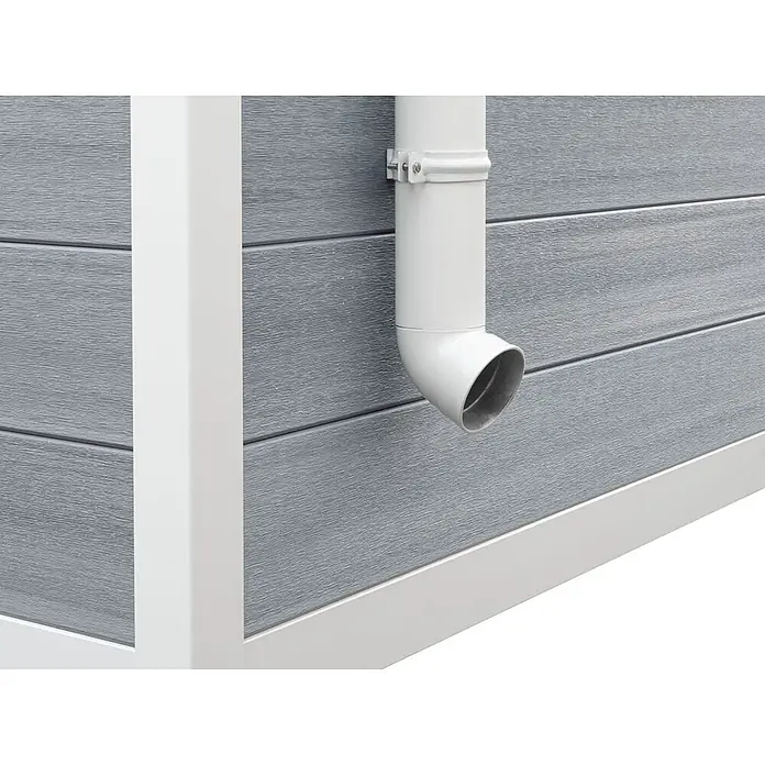 Fjordholz Gartenhaus Ligno White 8,4 m² - Außenmaß inkl. Dachüberstand (B x T): 290 x 290 cm, Aluminium, Grau / Weiß - Graue, texturierte Verbundplattenverkleidung mit weißem Fallrohr.