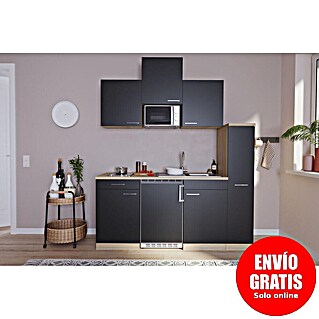 Respekta Cocina compacta Luis (Ancho: 180 cm, Negro, Color del cuerpo: Marrón, Placa vitrocerámica, frigorífico y microondas)