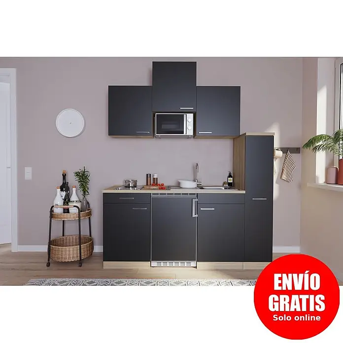 Respekta Cocina compacta Luis - Ancho: 180 cm, Negro, Color del cuerpo: Marrón, Placa vitrocerámica, frigorífico y microondas - Cocina compacta gris oscuro con detalles de madera clara, microondas, fregadero y placa de cocción integrados.