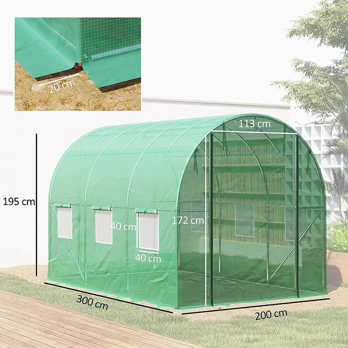 Outsunny Gewächshaus mit Rolltor - 200 x 300 cm, Material Seitenwand: Kunststoff, 3 mm - Grünes Foliengewächshaus mit Gittermuster, 300x200x195 cm, mit Tür und Fenstern.