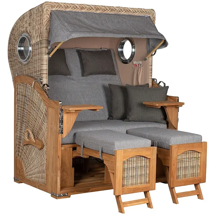 Mr. Deko Strandstuhl Strandkorb Düne - Teakholz. Polyrattan, Rückenlehne verstellbar, PE Shell, B x T x H: 125 x 80 x 170 cm - Strandkorb aus Korbgeflecht und Holz mit grauen Polstern, ausziehbaren Fußstützen, Beistelltischen und Bullaugen.