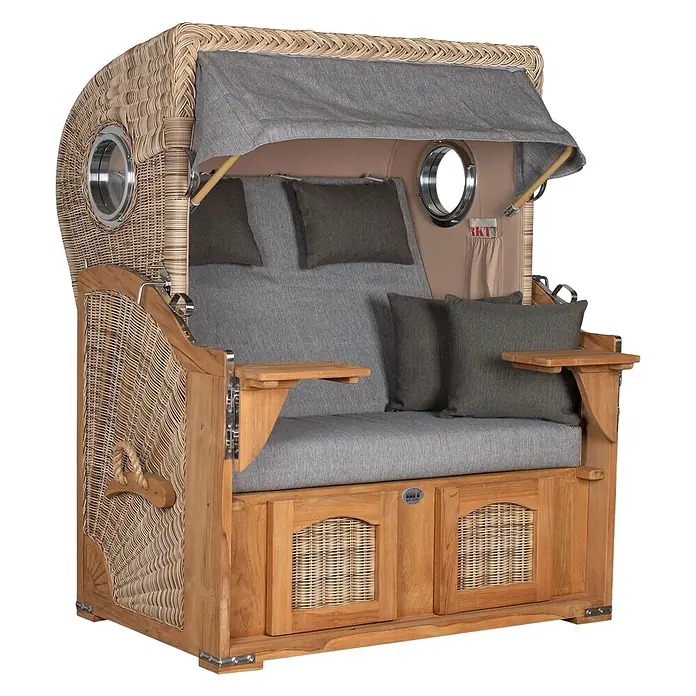 Mr. Deko Strandstuhl Strandkorb Düne - Teakholz. Polyrattan, Rückenlehne verstellbar, PE Shell, B x T x H: 125 x 80 x 170 cm - Strandkorb aus Rattan und Teak mit grauen Polstern, Verdeck, Bullaugen und ausklappbaren Beistelltischen.