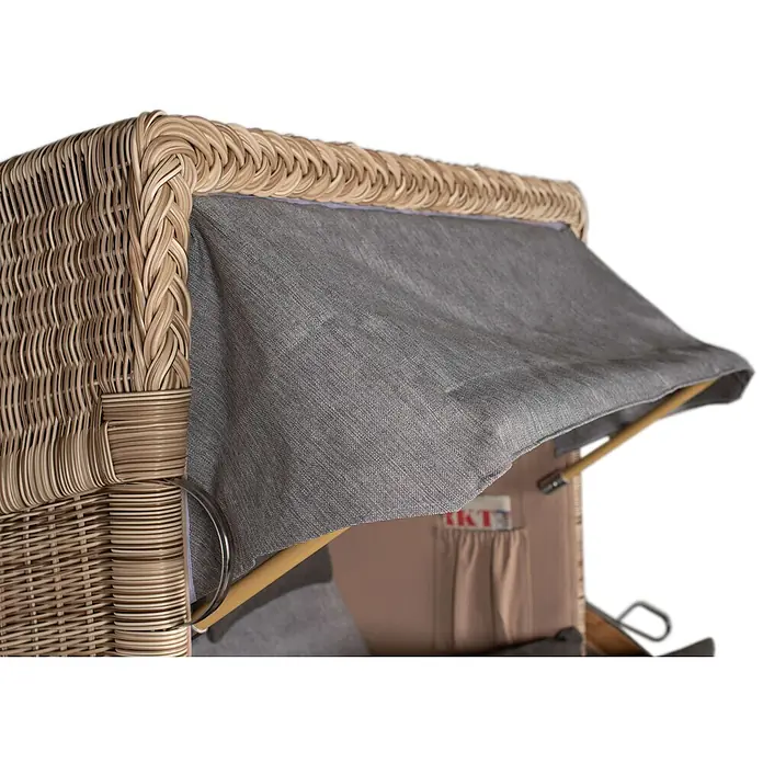 Mr. Deko Strandstuhl Strandkorb Düne - Teakholz. Polyrattan, Rückenlehne verstellbar, PE Shell, B x T x H: 125 x 80 x 170 cm - Detail eines Strandkorbs aus Korbgeflecht mit grauem Stoffverdeck und beiger Innentasche.