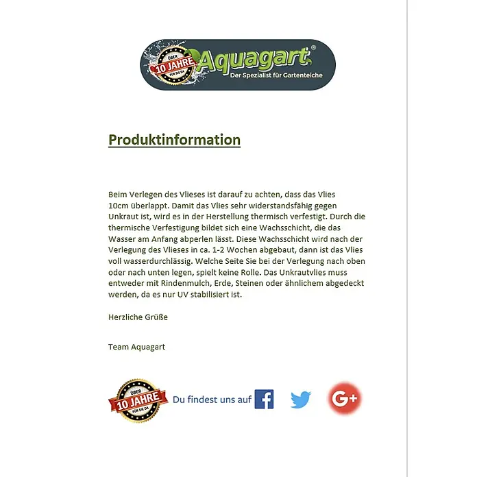 Aquagart Bodenschutzvlies 100m² 150g/m² 1m Gartenvlies Unkrautvlies -  - Informationen zu Aquagart Unkrautvlies: thermisch verfestigt, wasserdurchlässig, UV-stabilisiert, überlappend zu verlegen und abzudecken.
