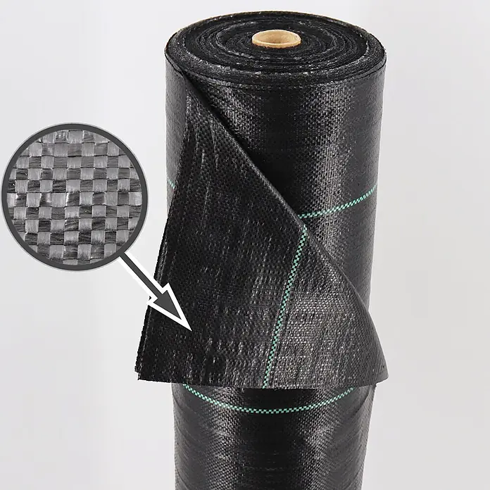 Aquagart Bodenschutzvlies 60m 100 2m Bodengewebe Unkrautfolie -  - Gerollter schwarzer Unkrautvlies mit detaillierter Ansicht des gewebten Materials und grünen Markierungslinien.