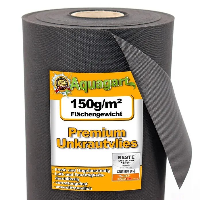 Aquagart Bodenschutzvlies 100m² 150g/m² 1m Gartenvlies Unkrautvlies -  - Eine Rolle schwarzes, strukturiertes 150g/m² Premium-Unkrautvlies der Marke Aquagart mit Produktetikett und sichtbarer Schnittkante.