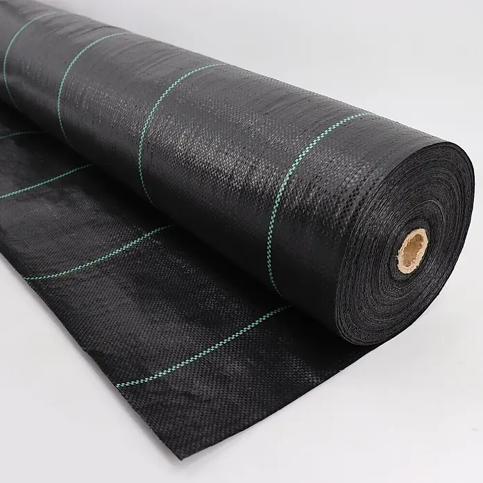 Aquagart Bodenschutzvlies 60m 100 2m Bodengewebe Unkrautfolie -  - Rolle aus schwarzem Unkrautvlies mit grünen Gitterlinien für den Gartenbau.