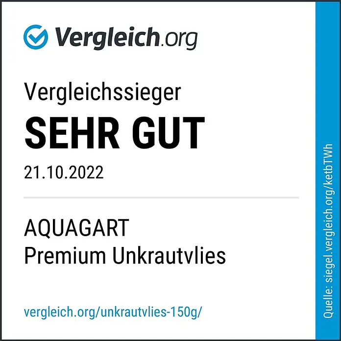 Aquagart Bodenschutzvlies 190m² 150g/m² 1m Unkrautvlies Gartenvlies -  - Vergleich.org Testsiegel: AQUAGART Premium Unkrautvlies als Vergleichssieger "SEHR GUT" bewertet.