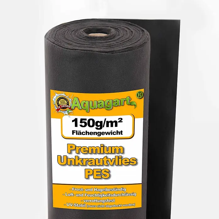 Aquagart Bodenschutzvlies 190m² 150g/m² 1m Unkrautvlies Gartenvlies -  - Rolle schwarzes Aquagart 150g/m² Premium PES Unkrautvlies mit gelbem Etikett.