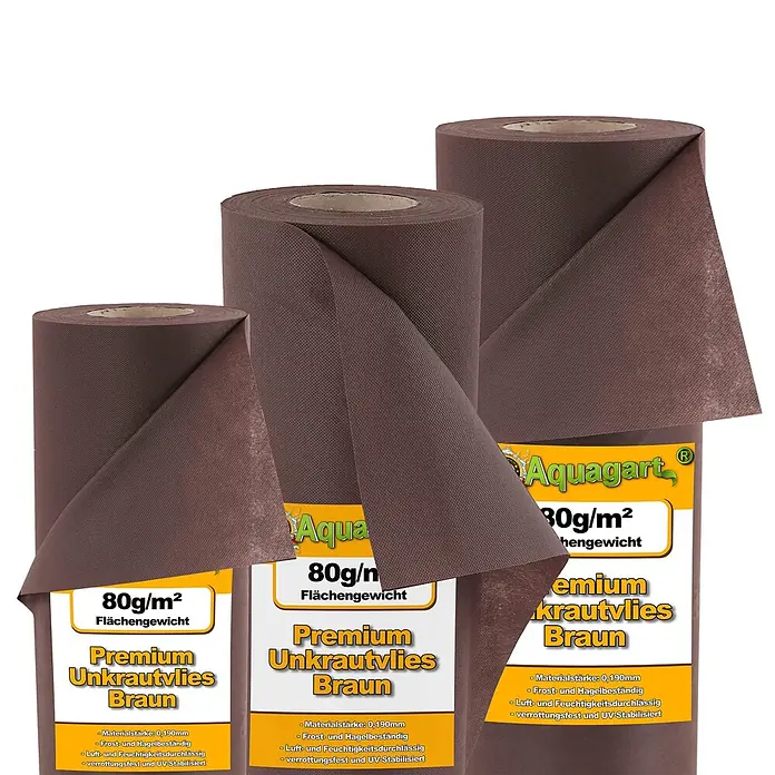Aquagart Bodenschutzvlies 105m² 80g/m² 1,4m braun Gartenvlies Unkrautvlies -  - Drei braune Rollen Premium Unkrautvlies, 80g/m², mit texturierter Oberfläche.