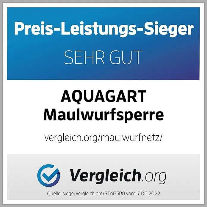 Aquagart Bodenschutzvlies 152m 150 2m Maulwurfnetz Maulwurfsperre -  - Auszeichnung „Preis-Leistungs-Sieger“ und „SEHR GUT“ von Vergleich.org für AQUAGART Maulwurfsperre.