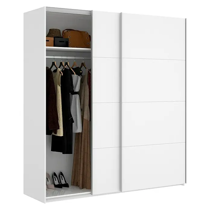 Dekit Armario de puertas correderas Slide - L x An x Al: 65 x 180 x 204 cm, Blanco Brillo - Un armario blanco de puertas correderas con ropa, sombreros y zapatos. El armario ofrece un amplio espacio para ropa y accesorios.